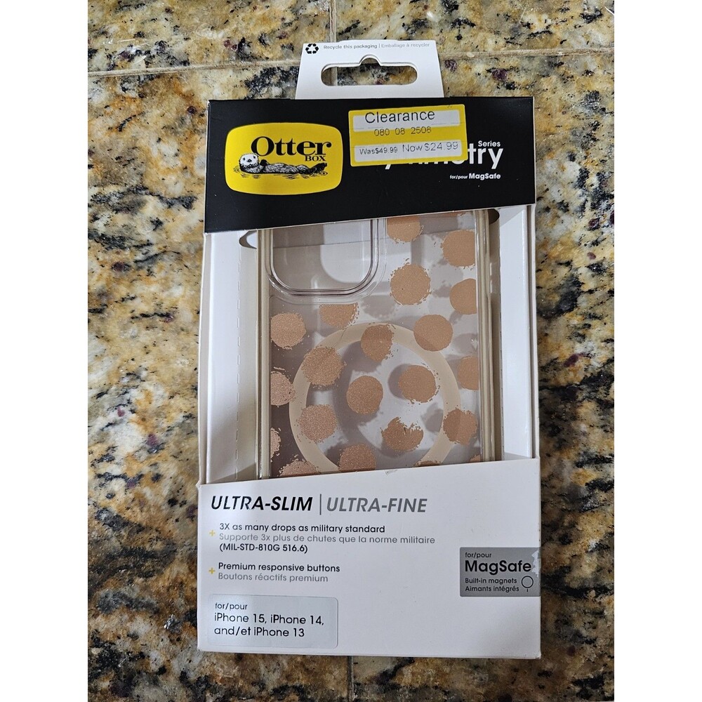 OtterBox Symmetry Clear Case iPhone 15 14 13 MagSafe Rose Gold Polka Dots Slim